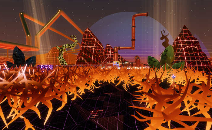 Screenshot of a cyberpunk synthwave game that is full of thorns.