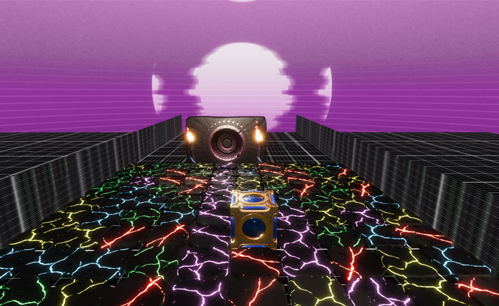 Screenshot of a cyberpunk synthwave game featuring cracked energy tiles on the ground.
