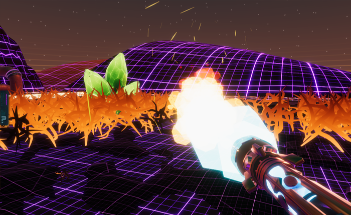 Screenshot of a cyberpunk synthwave game showing a flamethrower clearing out thorns.