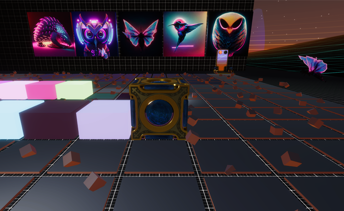 Screenshot of a cyberpunk synthwave game showing an exquisite gold and blue cube on a grid.