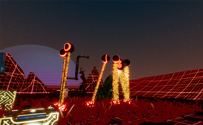Screenshot of a cyberpunk synthwave game where flying orange spheres are spraying the ground with energy.