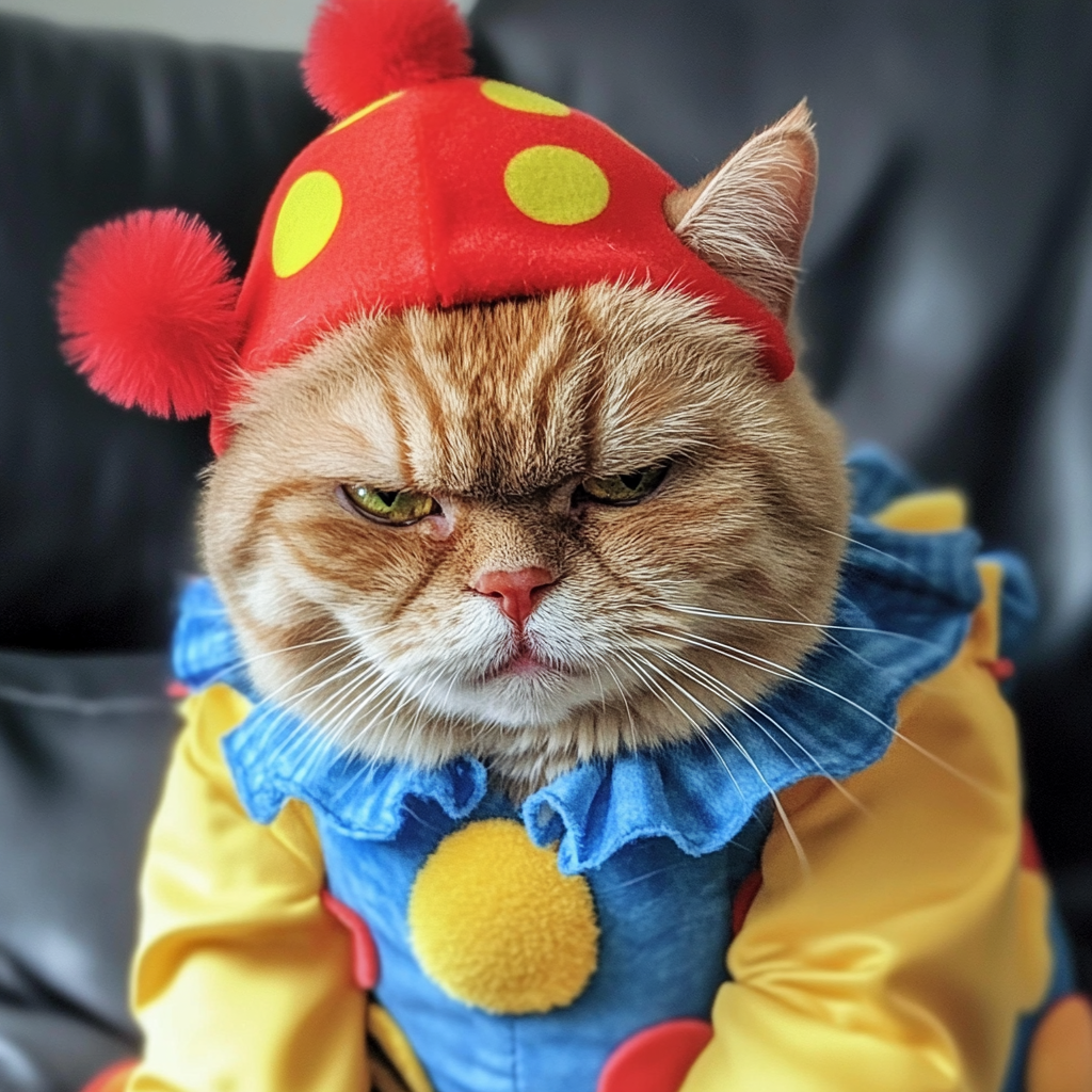 Image of a grumpy cat dressed up like a clown.