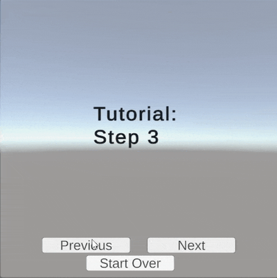 A preview of a menu system for a game featuring the words "tutorial: step 3" along with buttons labelled, "previous" "next" a