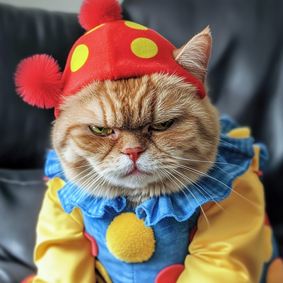 Image of a grumpy cat dressed up like a clown.