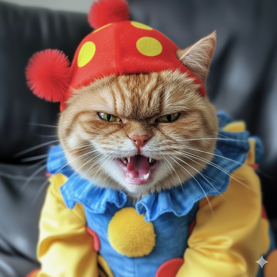The unhappy cat from yesterday, now more angry, and still wearing a clown outfit.