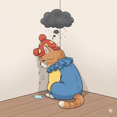 A cartoon of the cat from the previous two days, sad and crying in the corner.
