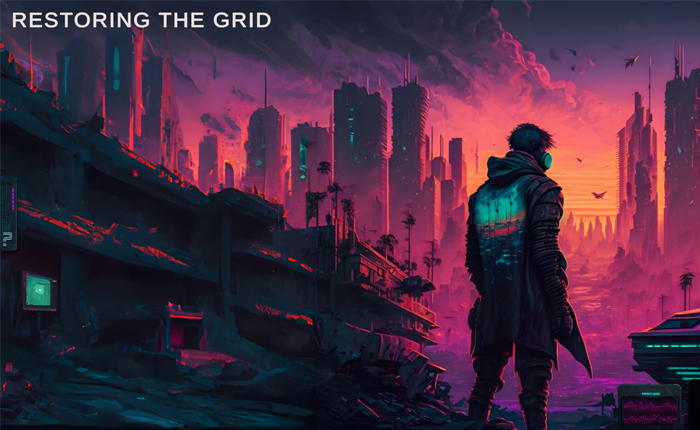 Title scene for a game called Restoring the Grid featuring a warrior looking out over a post-apocalyptic landscape.